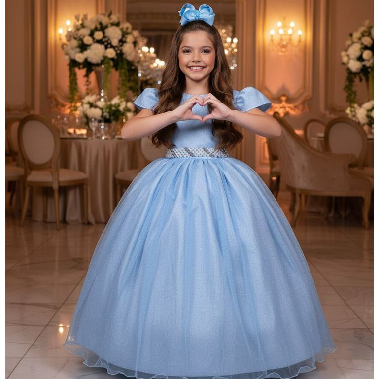 Vestido Infantil Marie Longo Heloísa Azul Bebe Festa Daminha Dama de Honra Formatura - Tam 4 a 14