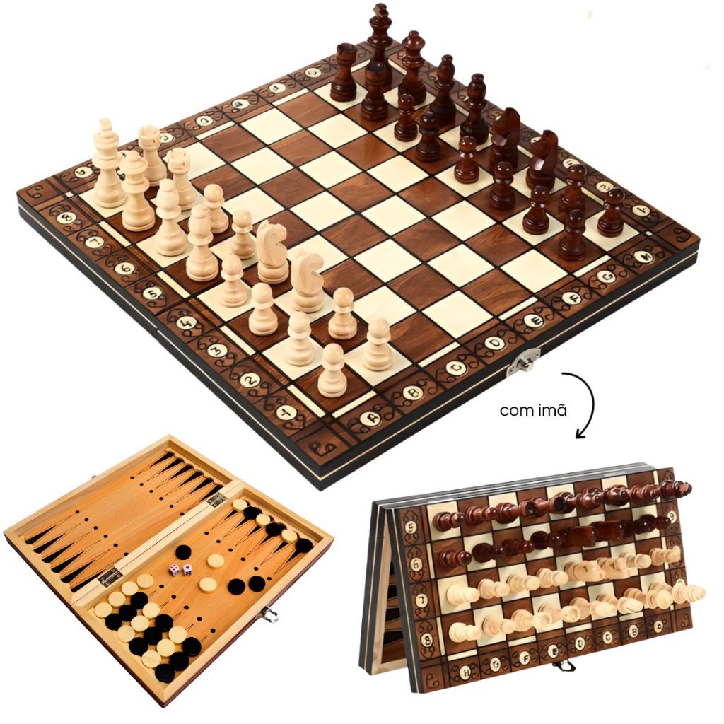 Jogo Xadrez 3 Em 1 Tabuleiro Profissional Madeira 40x40cm com imã