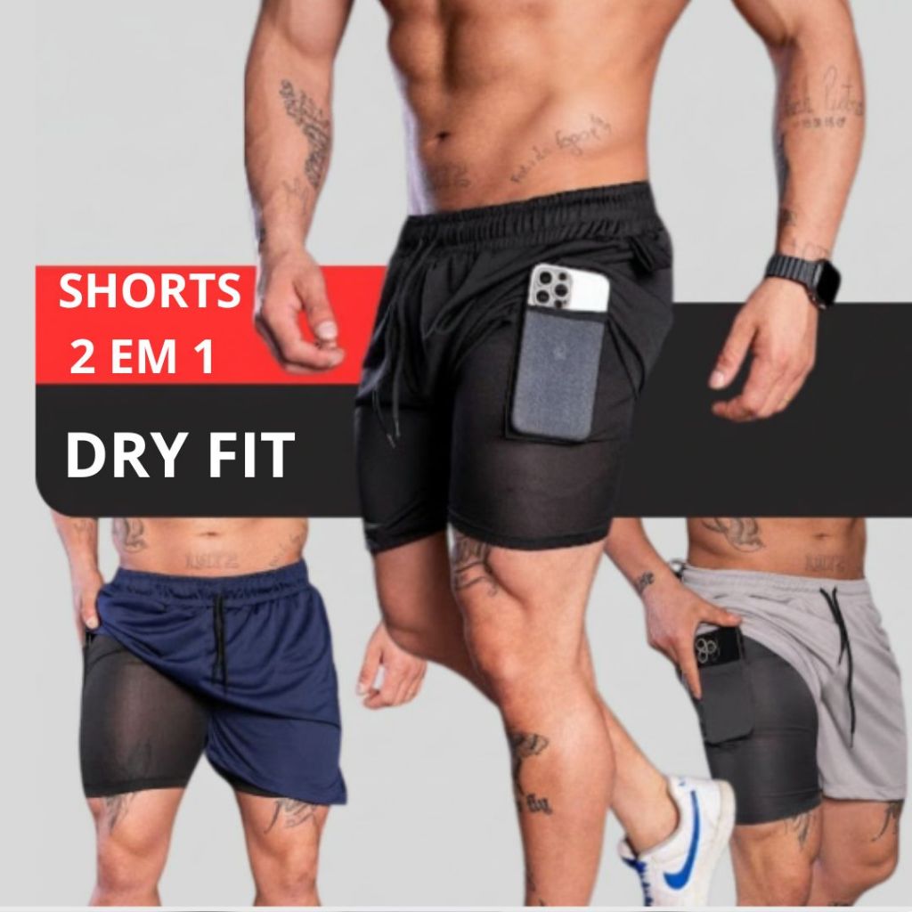 Kit 3 Shorts 2 em 1 Bermuda Academia Masculino Para treino