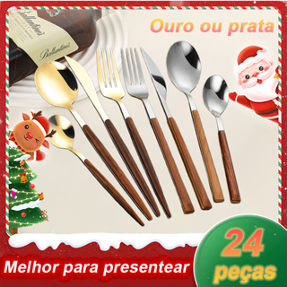 Jogo De Talheres Faqueiro Com 24 Peças Aço Inox,  Alças De Madeira Designer Lindo em Oferta na Shopee