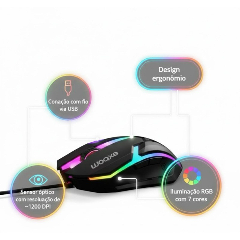 Mouse Gamer Led Rgb 7 Cores Com Fio Usb 1200dpi Ms-62 Exbom - para PC, Notebook, Trabalho, Lazer, Console, TV BOX.