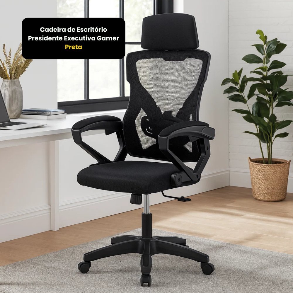 Cadeira Escritório Presidente Executiva Gamer Ergonômica Ajuste Altura Reclinável Conforto Alta Durabilidade Preto