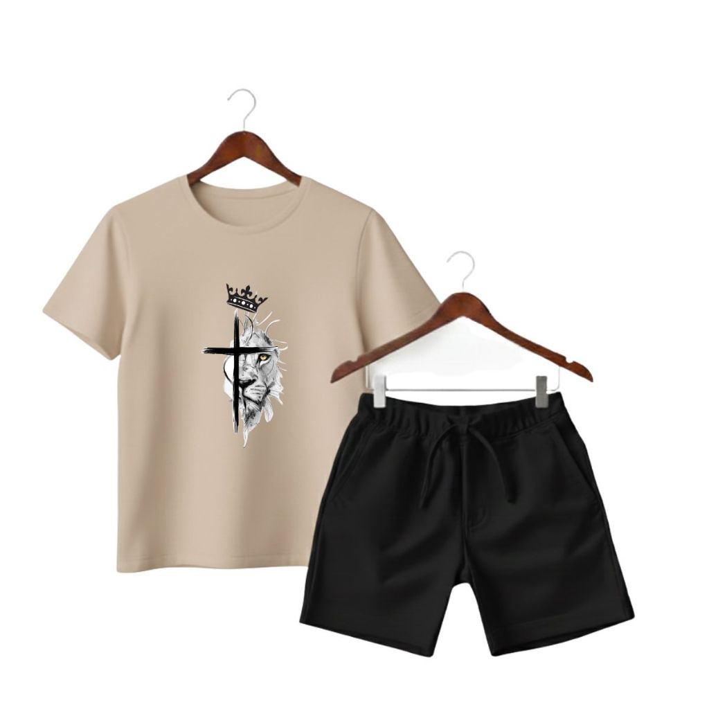 Conjunto infantil masculino estampa de leão kit camiseta de algodão e short de moletom de menino