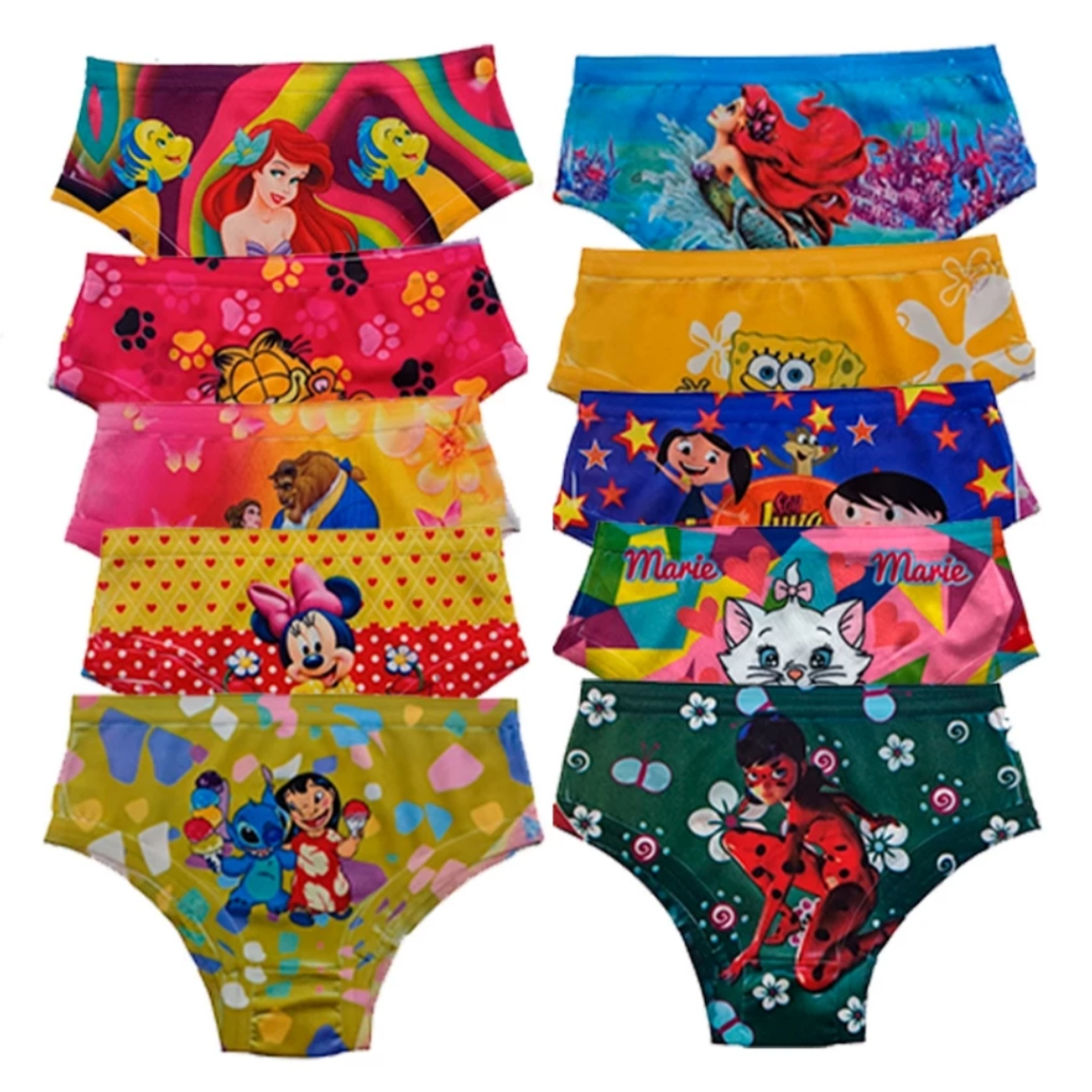 Calcinhas Infantil Estampada com Personagens, Forro Algodão, Elástico Macio - 10 Unidades