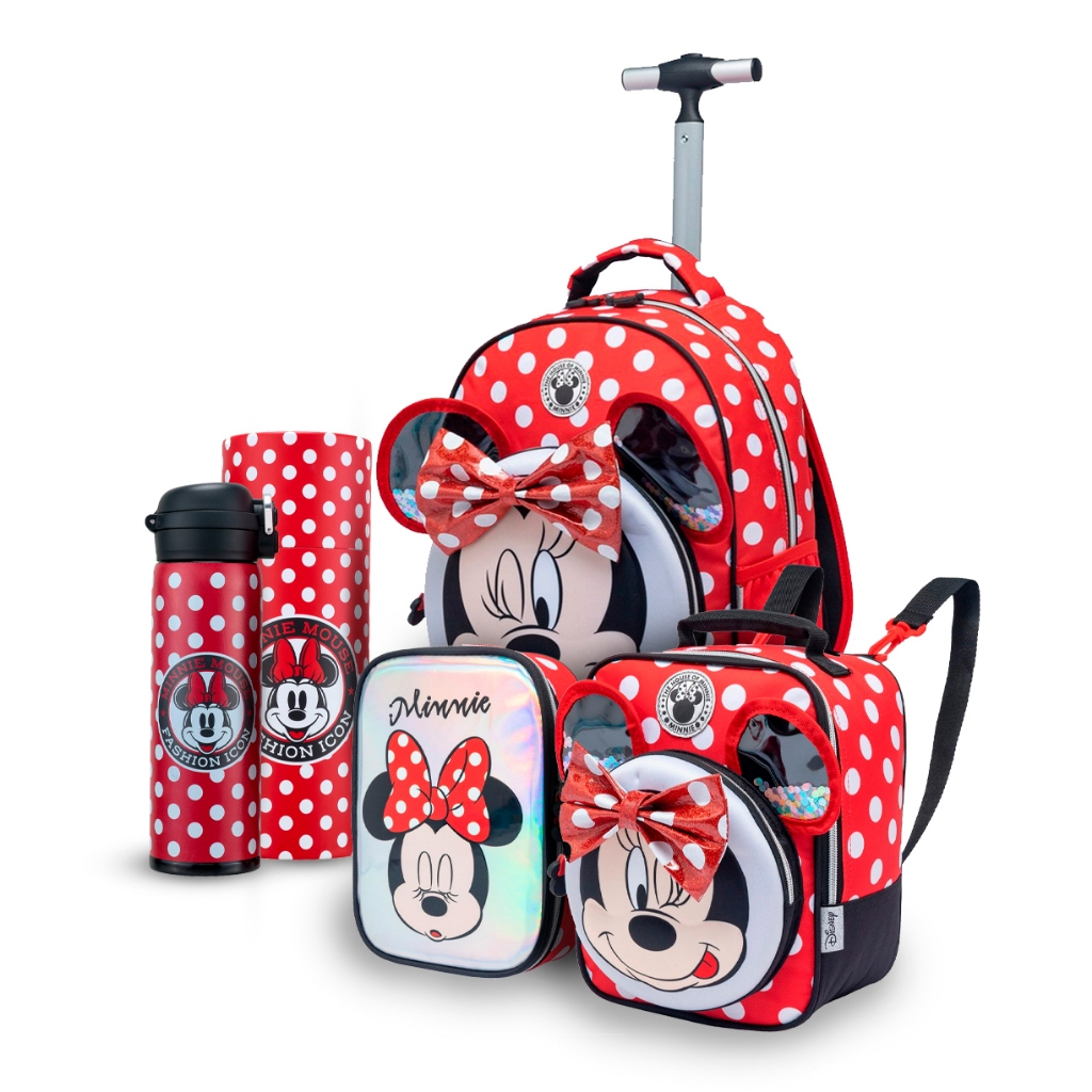 Kit Mochila Lancheira Estojo Garrafa Infantil Minnie Rodinha Disney em Oferta na Shopee