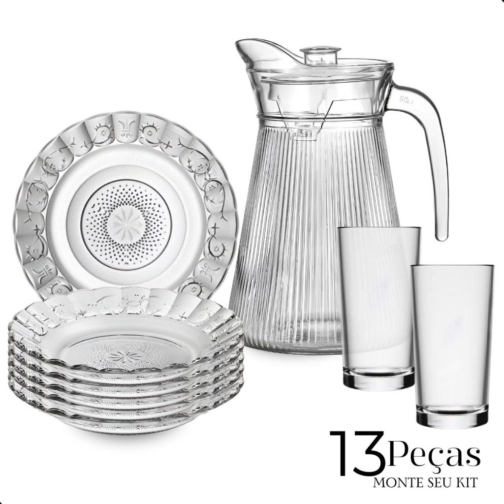 Jogo De Pratos Fundos E Copos C/13 Peças Aparelho de Jantar Em Vidro Com Jarra