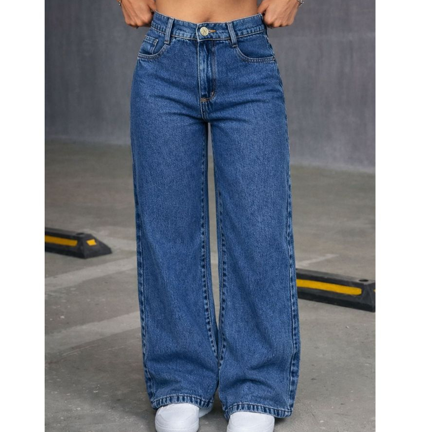 Calça Wide Leg Jeans Feminina Marmorizada Cintura Alta 100% Algodão Premium em Oferta na Shopee
