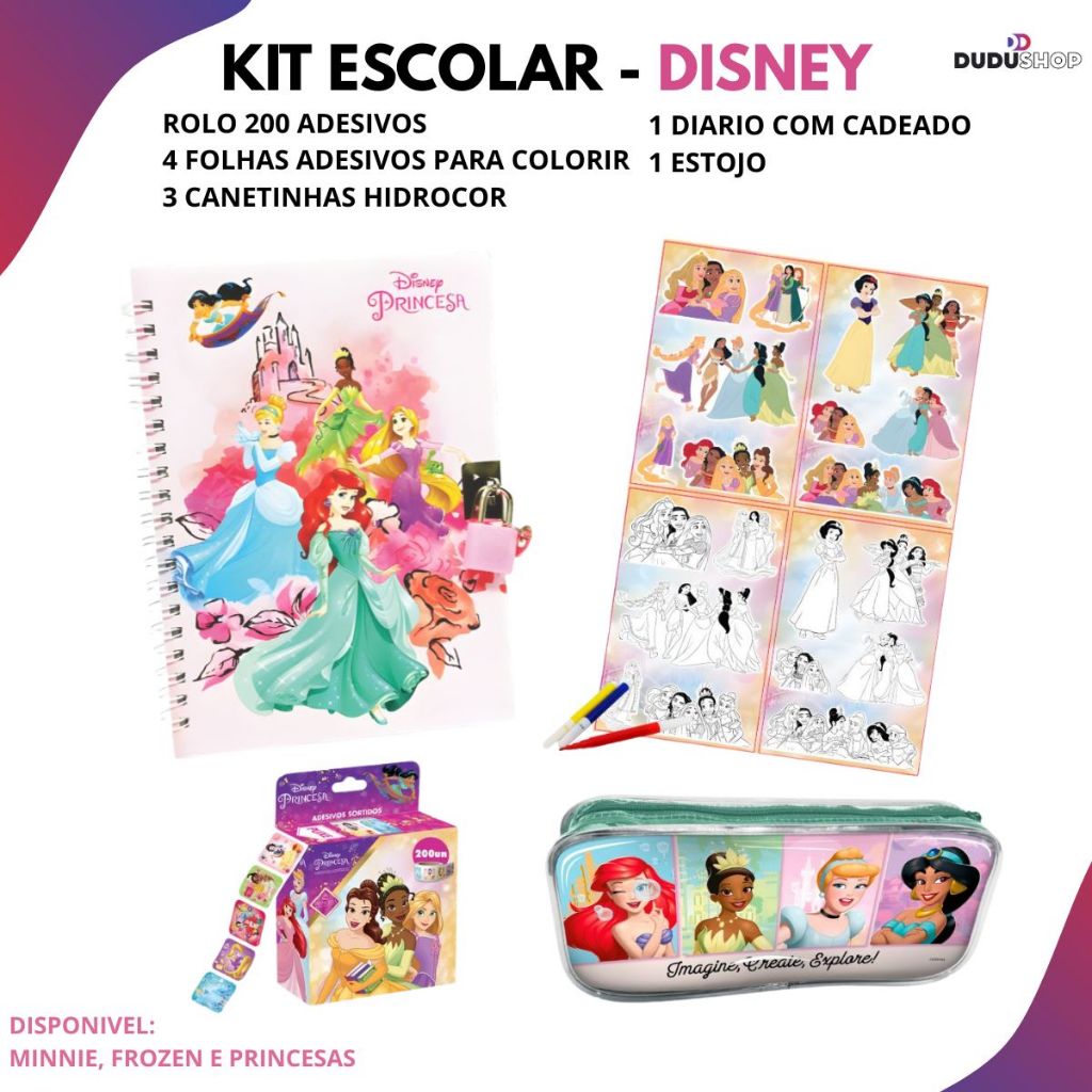 Material Escolar Estojo Diario Adesivos Disney Meninas Frozen Princesas Minnie Volta ás Aulas em Oferta na Shopee