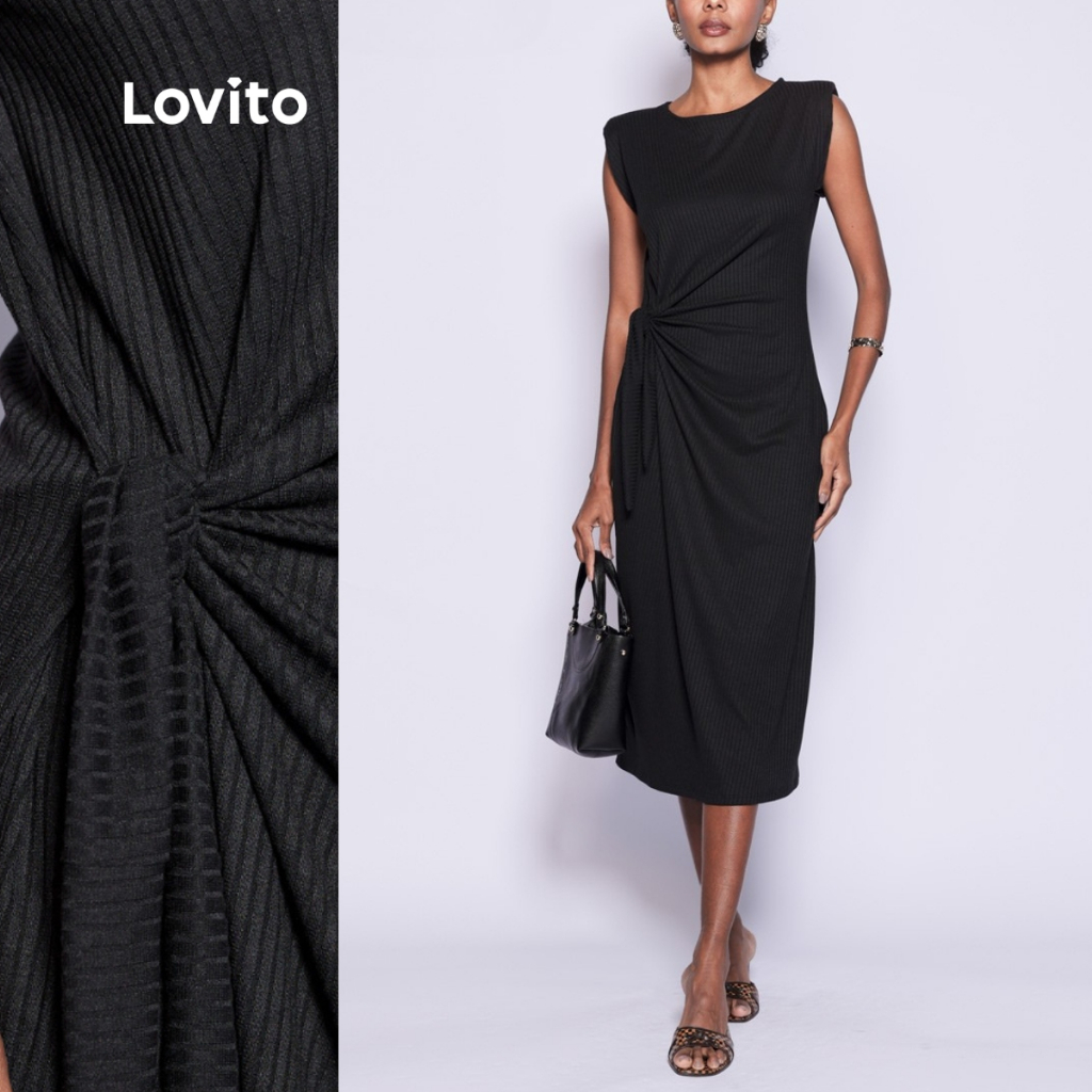 Lovito Vestido Midi Modesto Nó Lateral Feminino LB1113BRL1143 em Oferta na Shopee