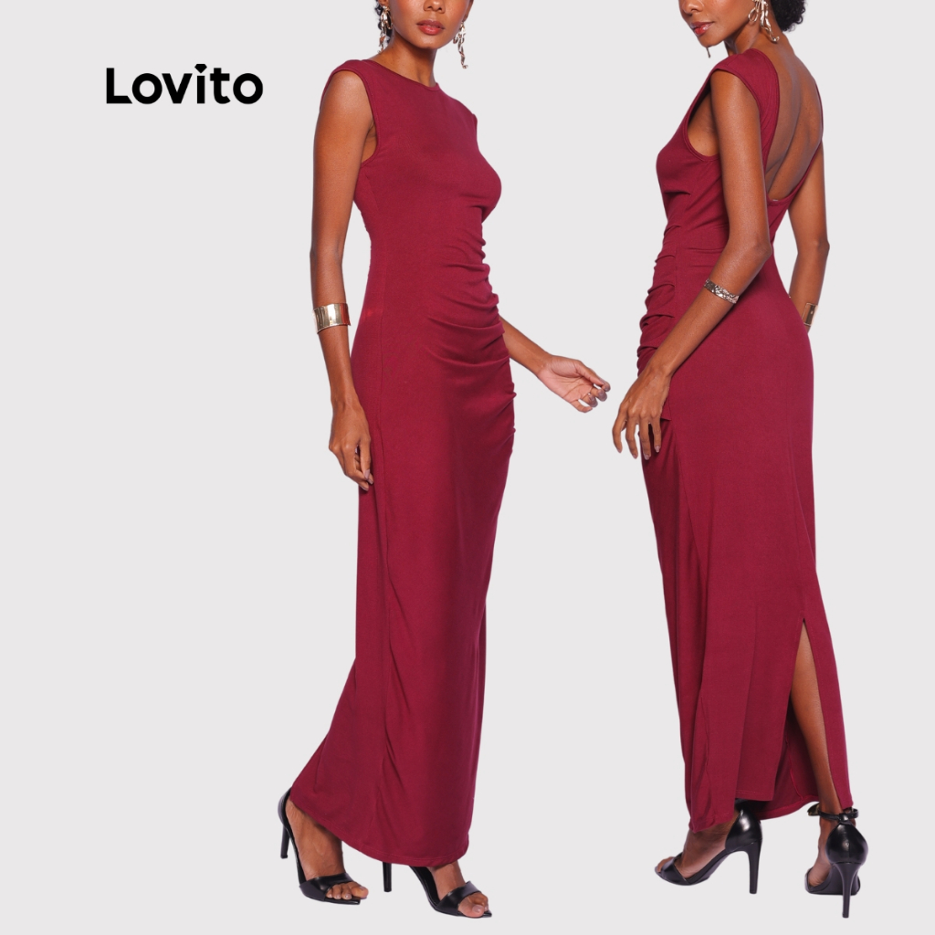 Lovito Vestido Longo Franzido Lateral Feminino LB552BRL582 em Oferta na Shopee