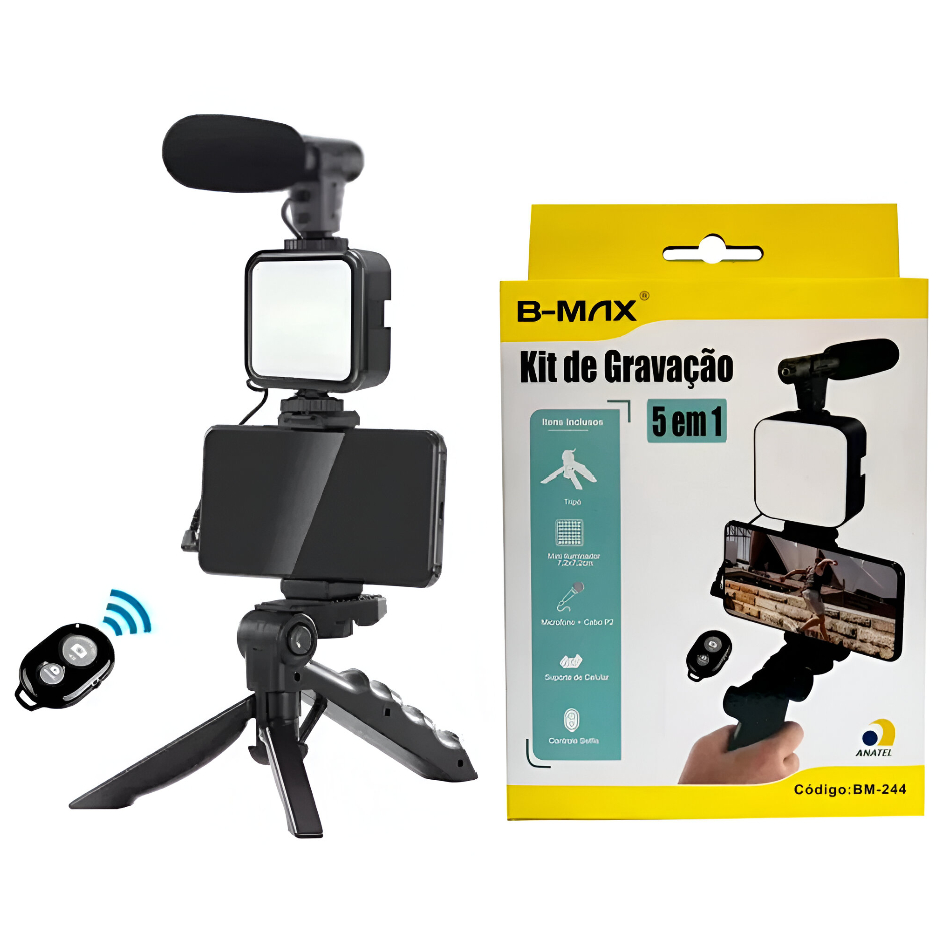 Tripé Estabilizador Gimbal Kit 5 em1 Vlog Live Suporte Celular Led Microfone Fazer Vídeos