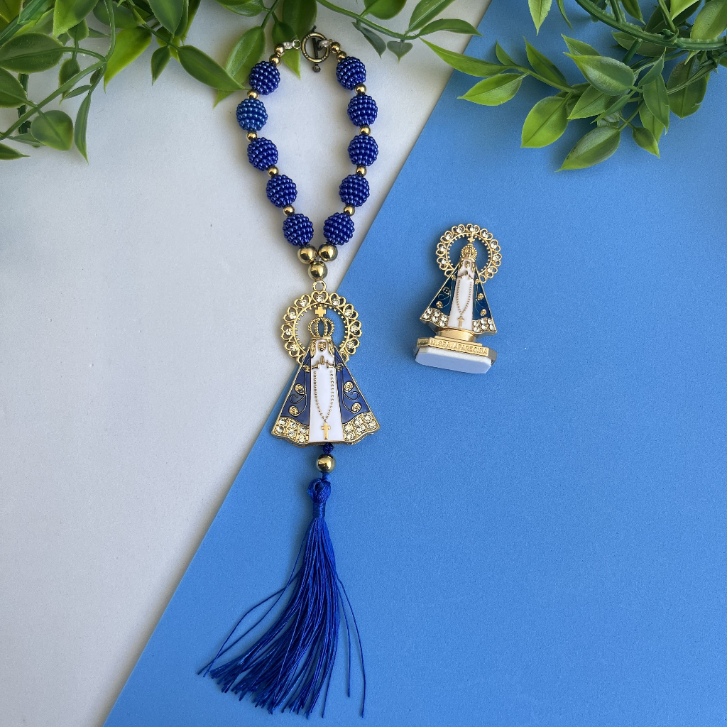 KIT 1 Santinha de Carro + 1 Terço Dezena de Nossa Senhora Aparecida Azul