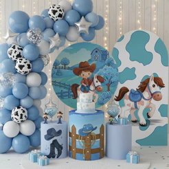 Capas Painel Redondo Romano e Cilindros Decoração Fazendinha Azul Menino Festa Cowboy Lançamento