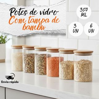 Kit 3 E 6 Potes De Vidro Herméticos Condimentos 350 ML Com Tampa De Bambu em Oferta na Shopee