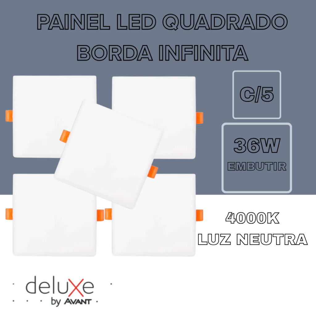 Kit 5 Plafon/Painel LED Quadrado 36W Borda Infinita Embutir 4000K Luz Neutra Bivolt Avant em Oferta na Shopee