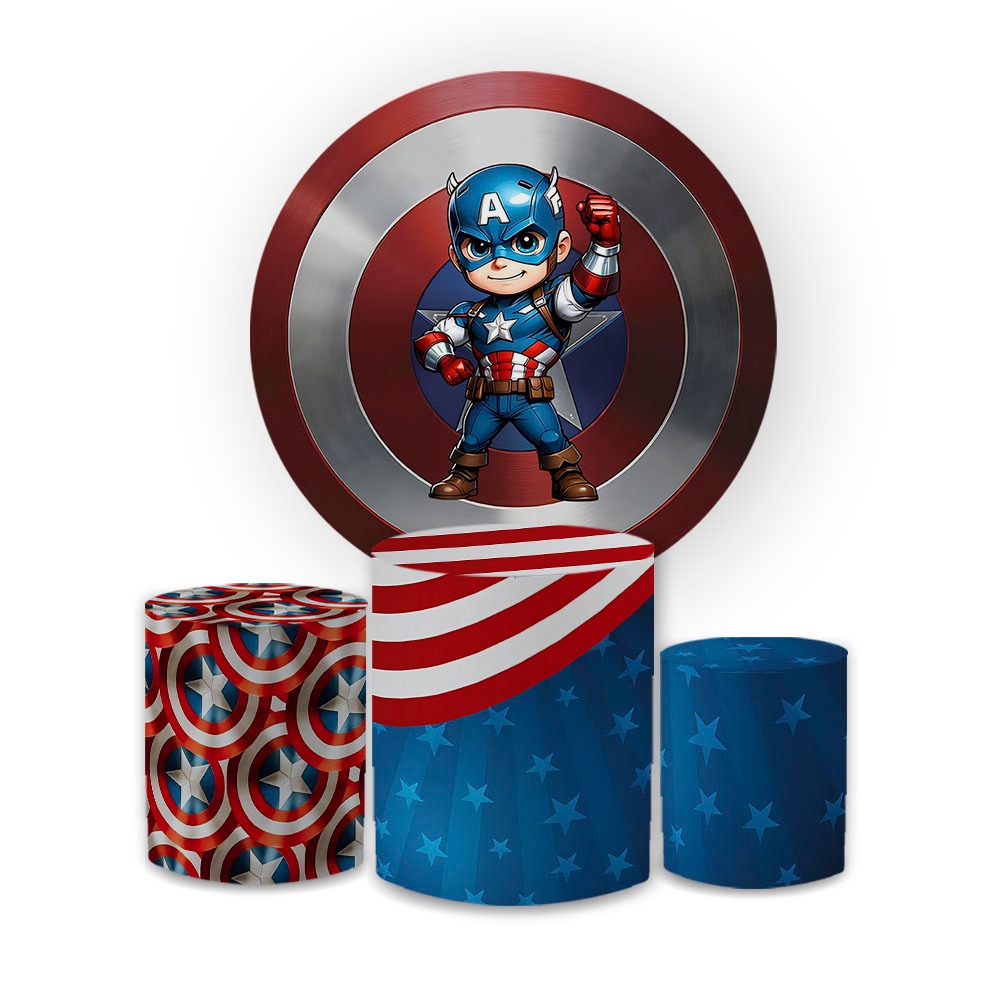Kit Capa Painel Festivo +Trio Cilindro Decoração Herói Cute Capitão Améric Festa Infantil Veste Fácil