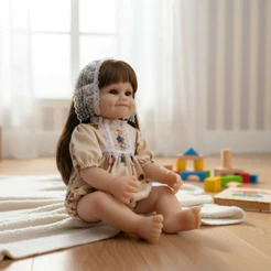 Bebê Reborn Boneca Vinil 54cm Corpo Articulado Realista Com Vestido Bege Rendado Touca Delicada Ideal Presente