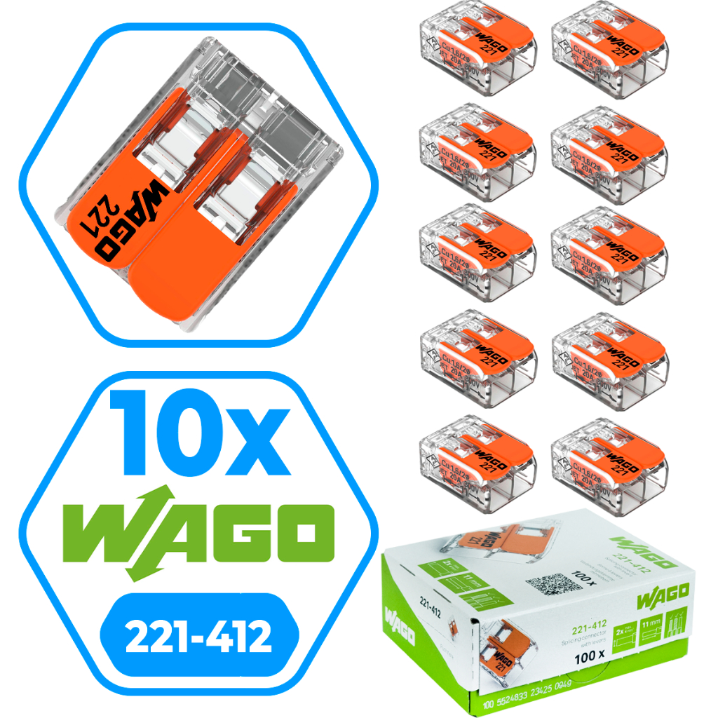 Kit 10 peças conector Wago original 221-412 emenda 2 polos 4mm 32A conexão automática