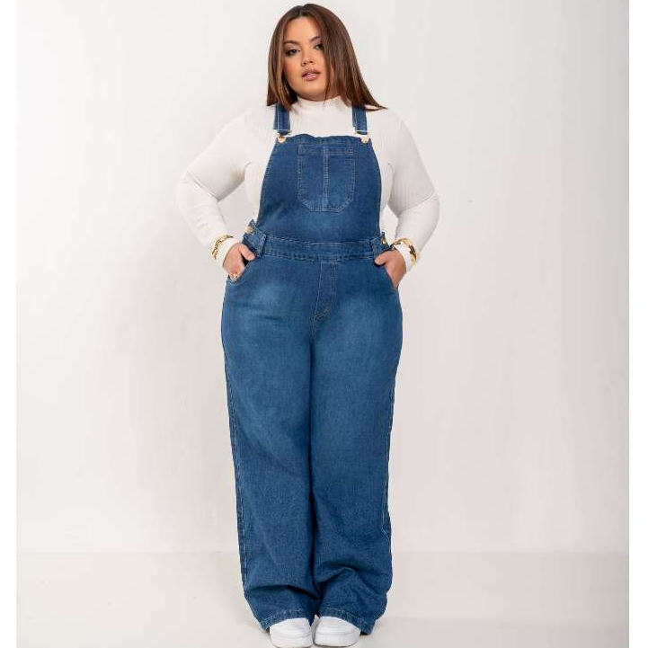 Jardineira Jeans Plus Size Calça Cintura Alta Macacão Pantalona Wide leg