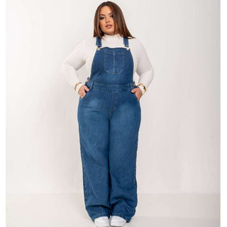 Jardineira Jeans Plus Size Calça Cintura Alta Macacão Pantalona Wide leg