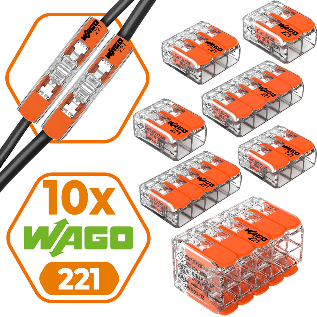 Conector de Fio Elétrico Wago 221 Conector Wago Emenda 1,2,3, e 5 vias 32/41A 4mm² e 6mm² Kit 10 Pc