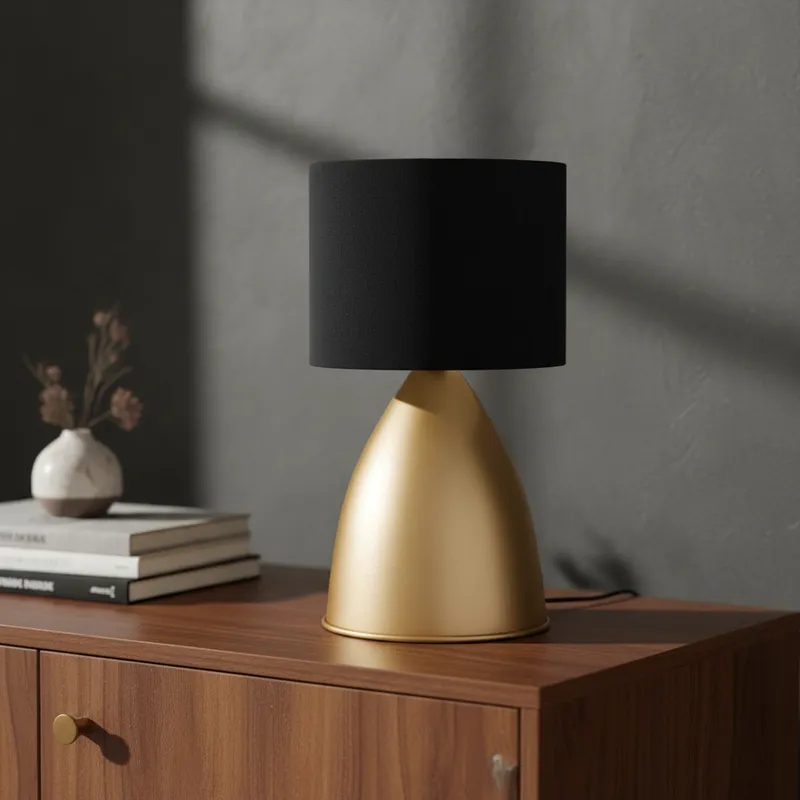 Abajur luminária de Mesa Bojudo Dourado de alumínio e Bivolt Com Cúpula Algodão