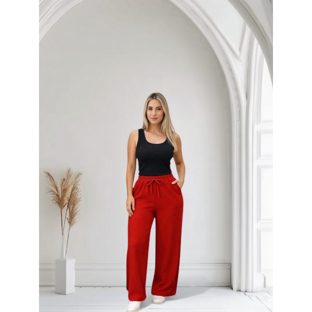 Calça Pantalona Feminina Elástico Na Cintura Com Bolso Cintura Alta Tecido Duna