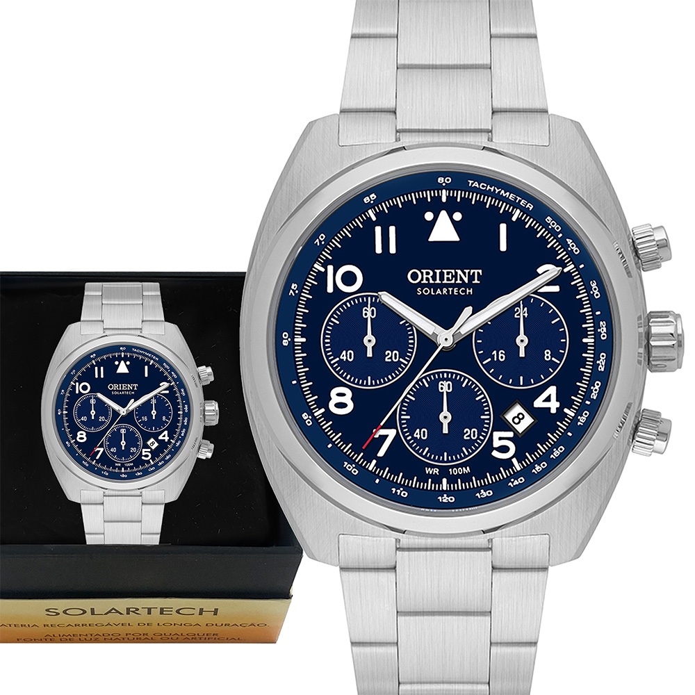Relógio Orient Solartech Masculino Prata Cronógrafo Luxo