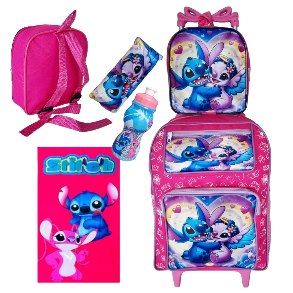 Kit Mochila Infantil Escolar com Rodinhas com Lancheira Estojo Toalhinha Stitch para Meninas