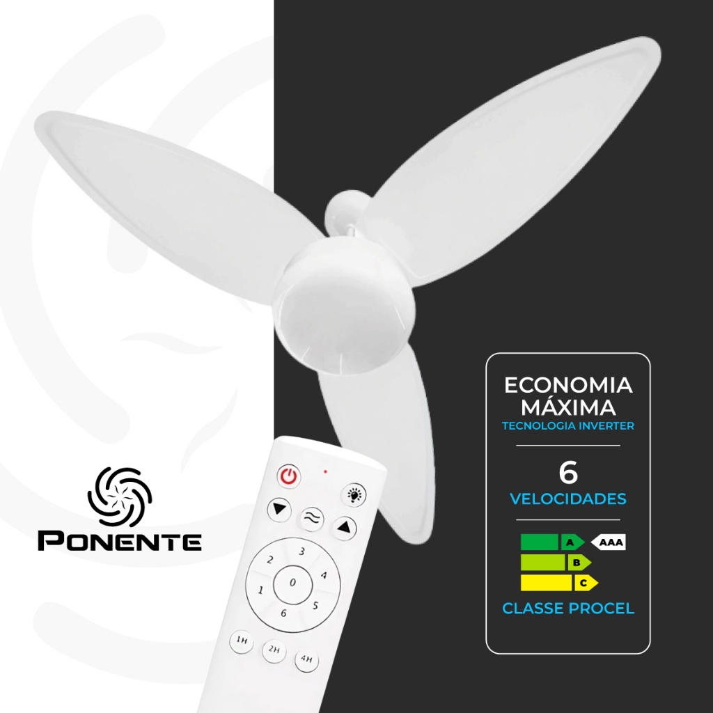 Ventilador de Teto Zonda Inverter Ponente – Controle Remoto, 6 Velocidades e Função Reversão