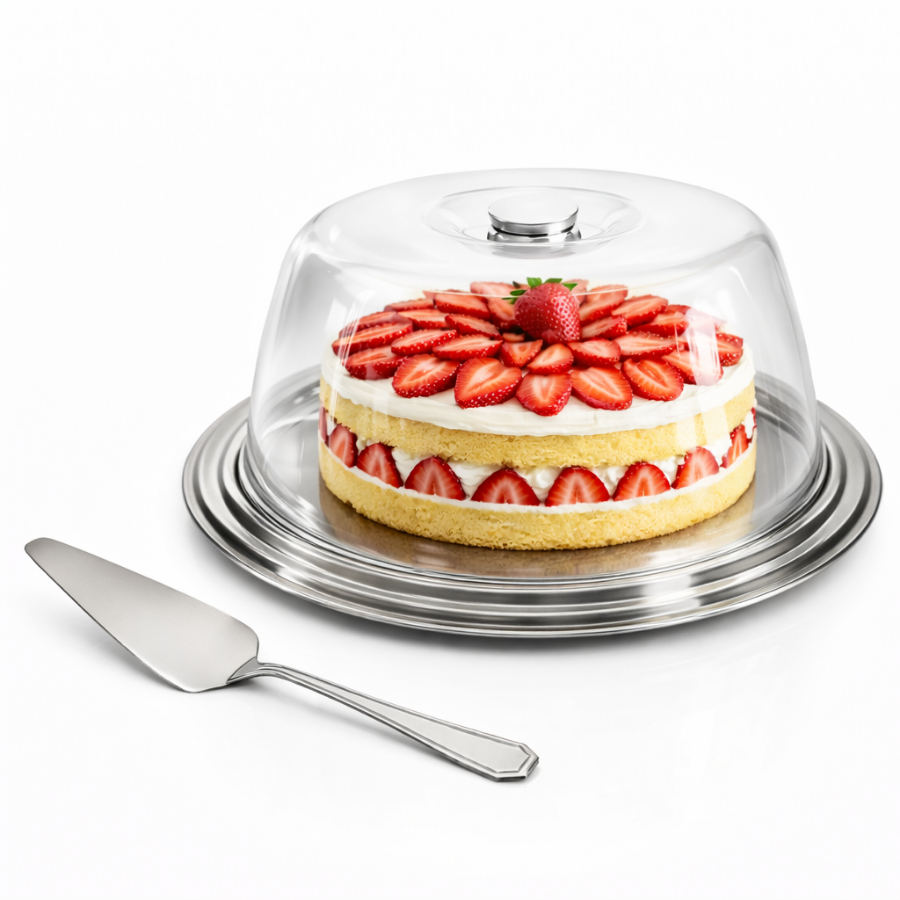 Boleira Porta Bolo Em Aço Inox E Tampa Acrílica Com Espátula em Oferta na Shopee