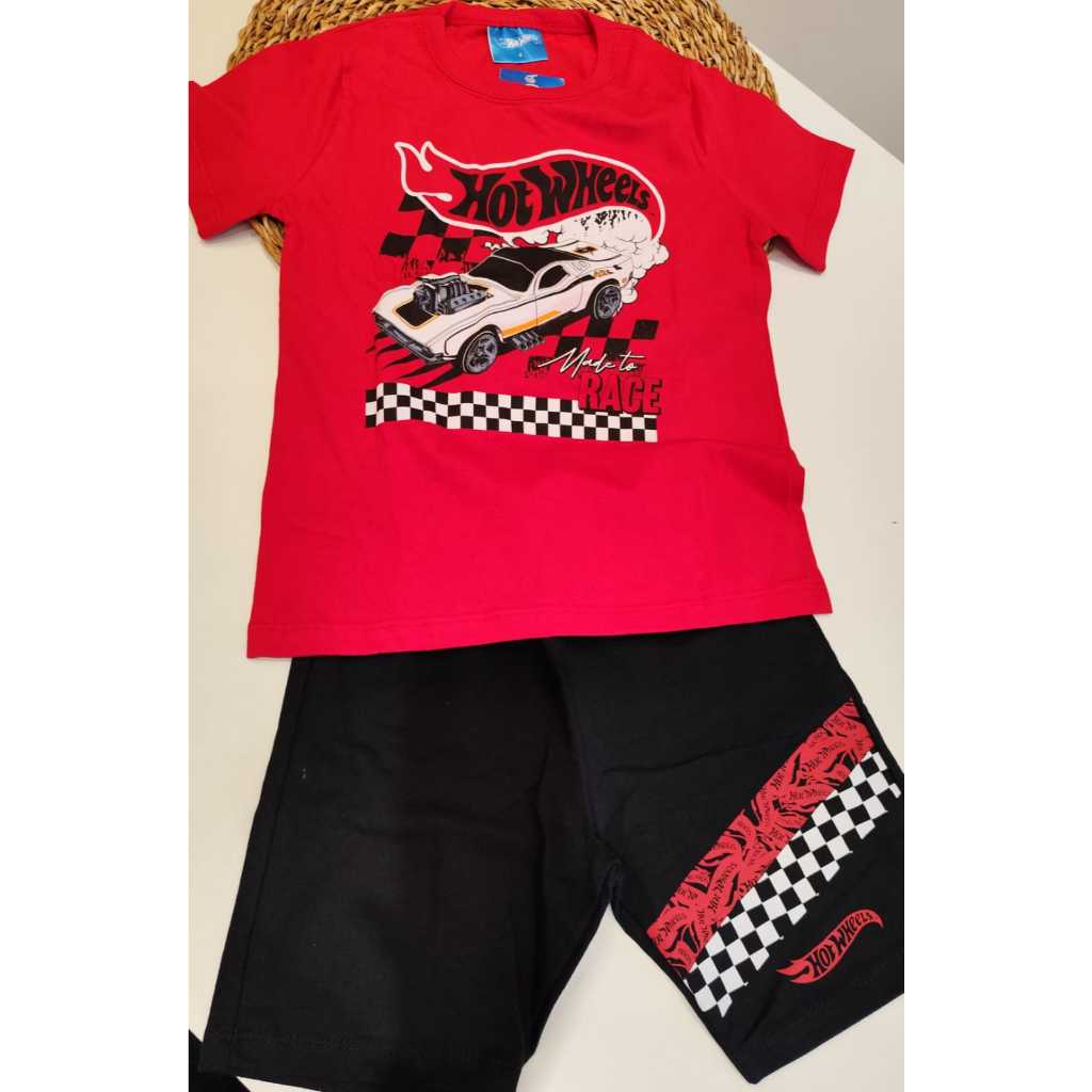 Conjunto Infantil Menino Fakini Hot Wheels | Camiseta + Bermuda Moletinho Preta | Conforto | Tamanhos: 4 , 8 e 10