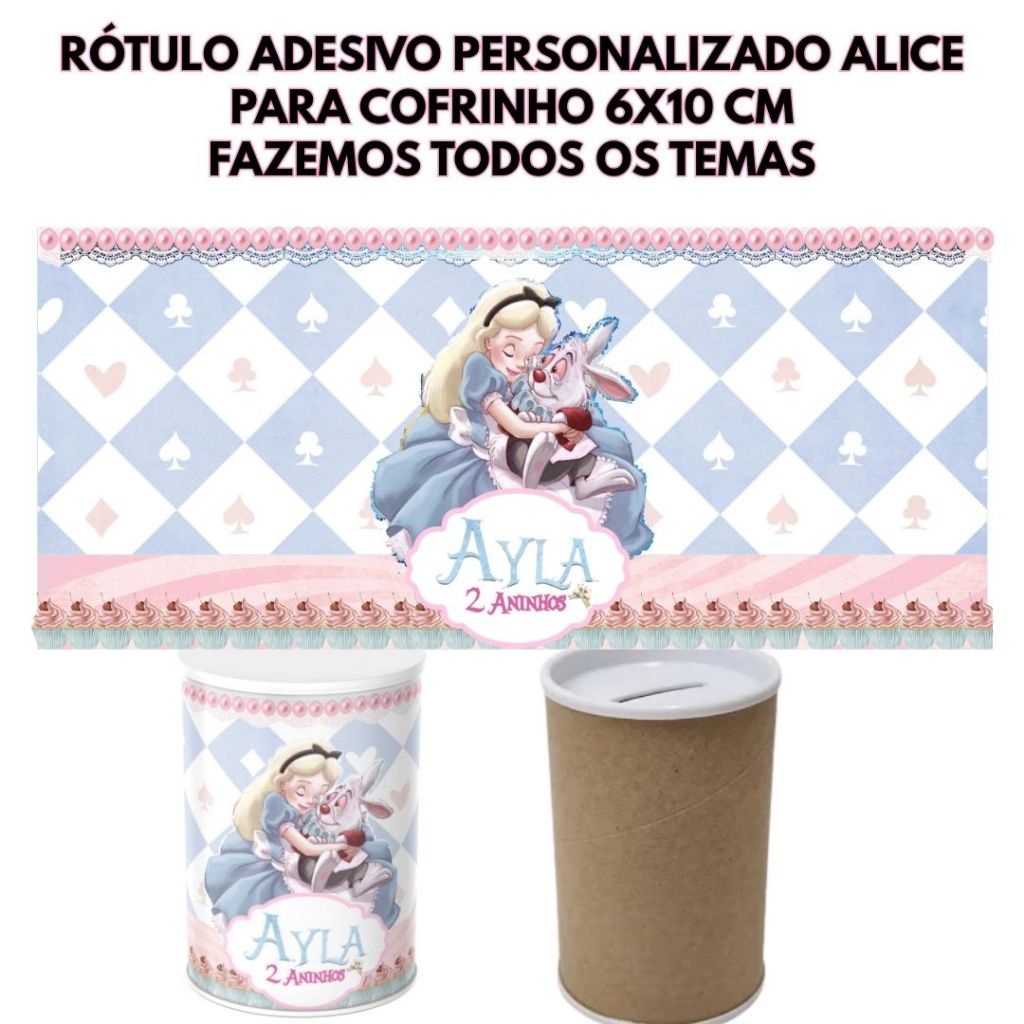 Rótulo Adesivo Personalizado Para Cofrinho Alice Lembrancinha Festa - Fazemos Todos os Temas