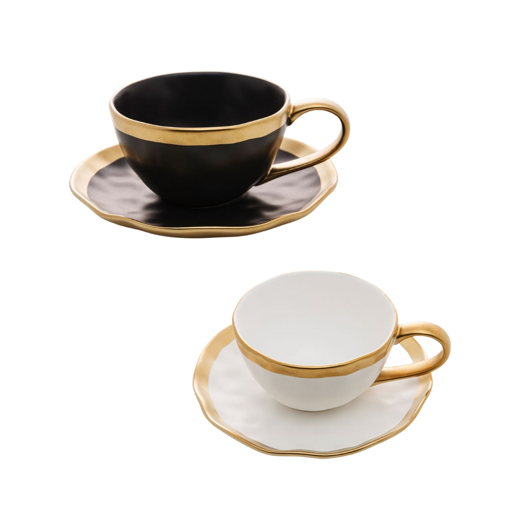 Jogo De Xícaras E Pires 200ml e 90ml Elegantes Dubai Branco e Preto Com Dourado