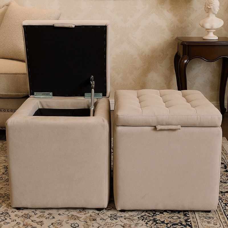 puff baú Suede liso com pistão a gás largura 35 comprimento 35 Altura 42 em Oferta na Shopee