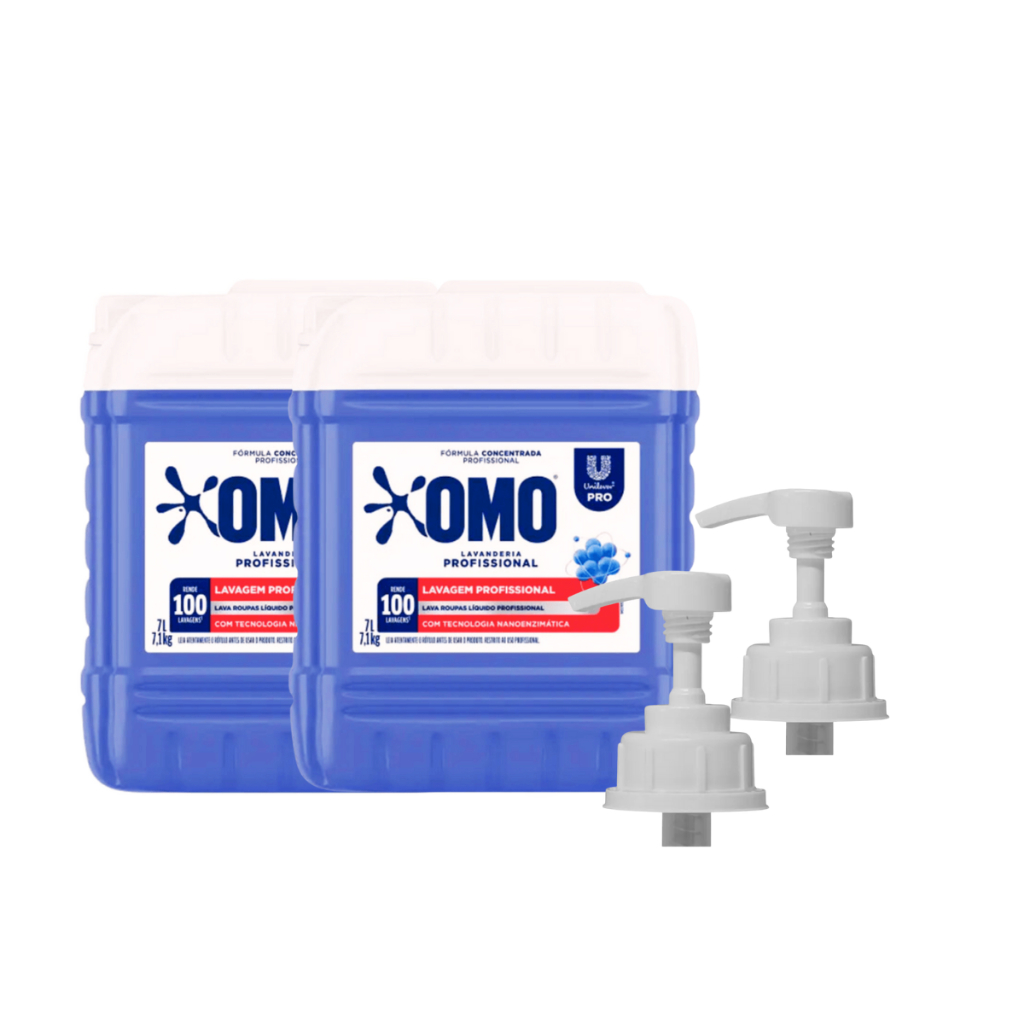 Kit 02 Lava Roupas Concentrado Lavanderia Pro Líquido 7L Omo + 02 Válvulas Pump para Galão 5L/7L