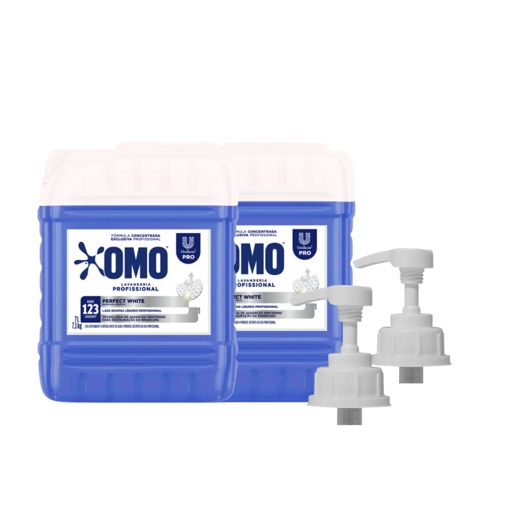 Kit 02 Lava Roupas Líquido Perfect White 7L Omo + 02 Válvulas Pump para Galão 5L/7L
