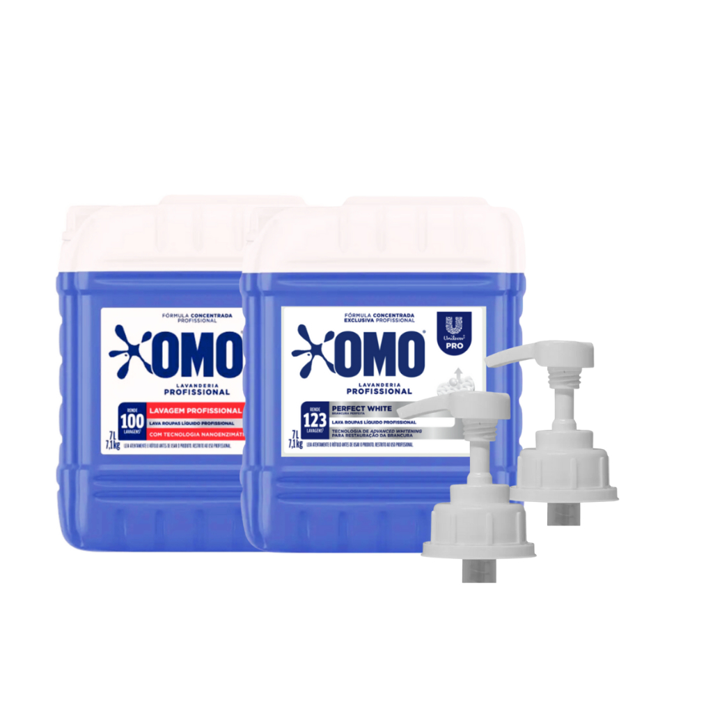 Kit Lava Roupas Perfect White e Lavanderia Pro 7L Omo + 02 Válvulas Pump para Galão 5L/7L