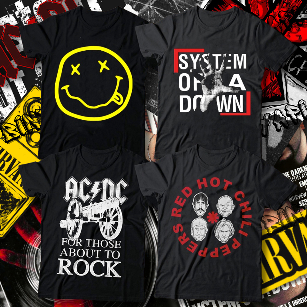 Camiseta Nirvana Smile Banda De Rock Metal Acdc System Of A Down Acdc Red Hot Chili Peppers