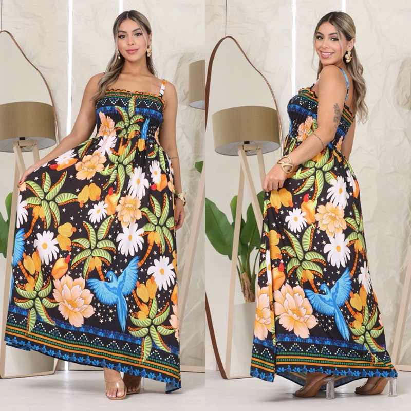 Vestido Feminino Longo Estampado Com Alça fina De Regulagem e Elastex Elegante