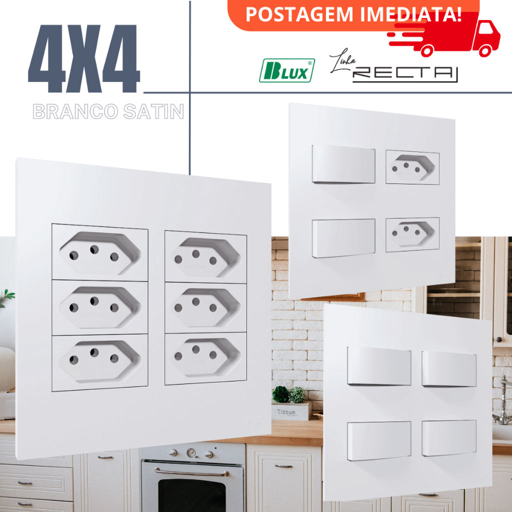 Tomada Branca Fosca 10a 20a Interruptor Simples Paralelo Conjunto 4x4 Recta Branco Satin Fosco BLUX