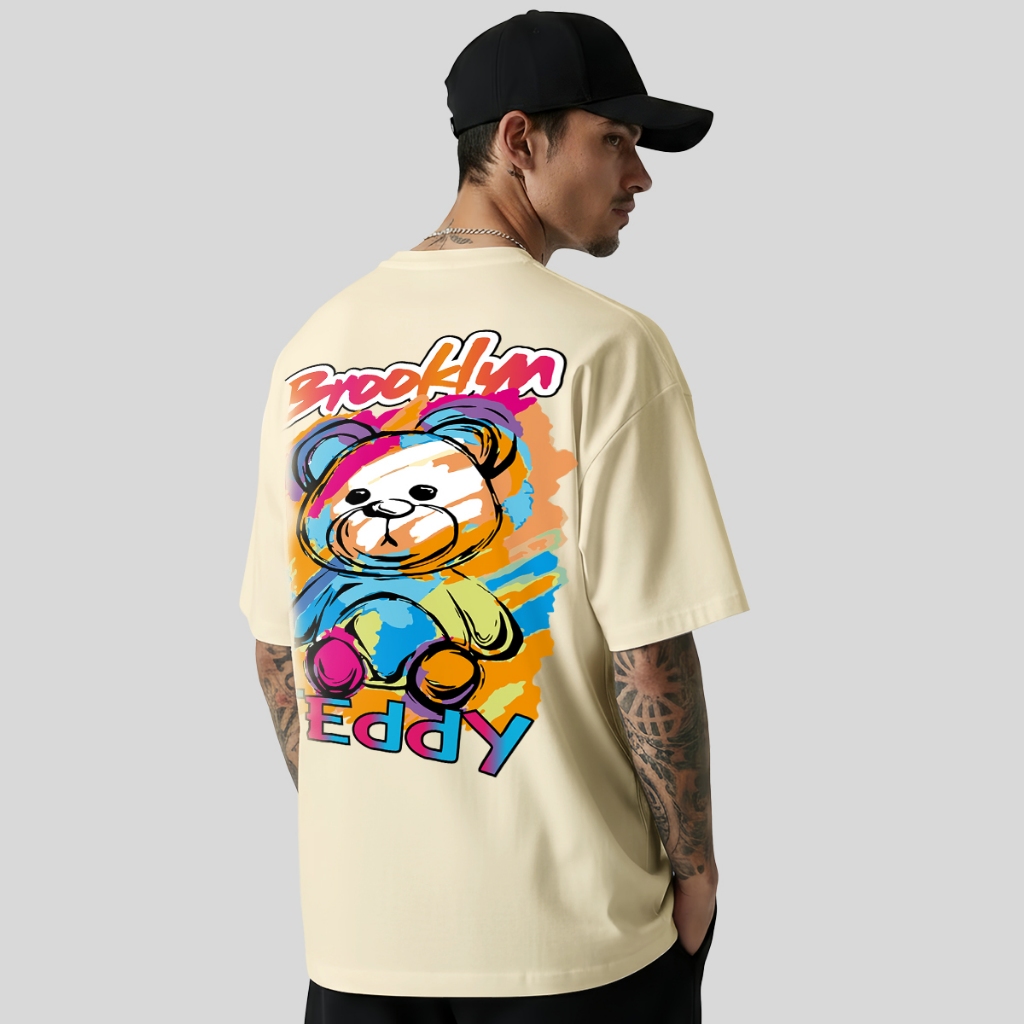 Camiseta Oversized Estampada Brooklyn Urso Teddy Streetwear Unissex Caimento Solto Malha Confortável