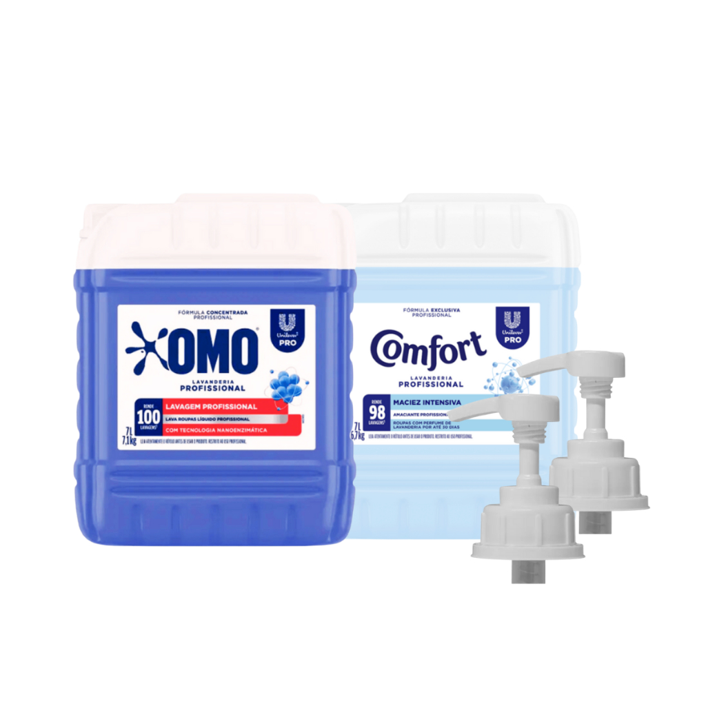 Kit Lava Roupas Lavanderia  7L Omo + Amaciante 7L Comfort + 02 Válvulas Pump Galão 5L/7L