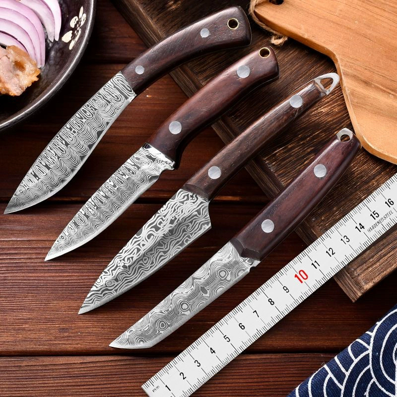 Mini Faca de Cozinha com Damasco Artesanal Aço Inox Afiada Cirúrgico Canivete Camping Caça