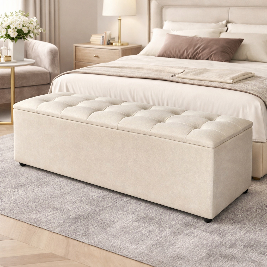 Baú Estofado Capitonê para Pé de Cama Quarto Casal Grande Recamier Milão 1,50m com Tampa Funcional