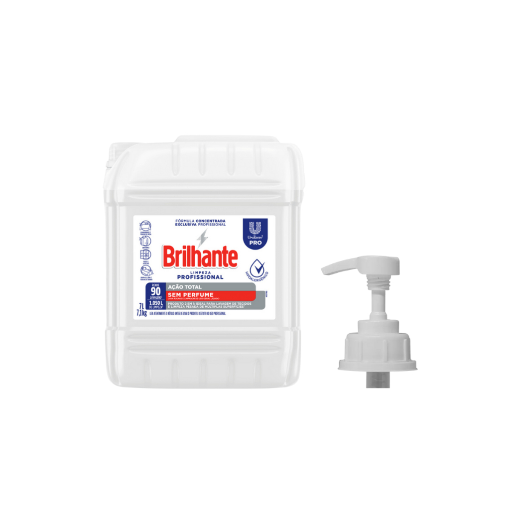Kit Lava Roupas Líquido Ação Total Sem Perfume 7L Brilhante + Válvula Pump para Galão 5L/7L