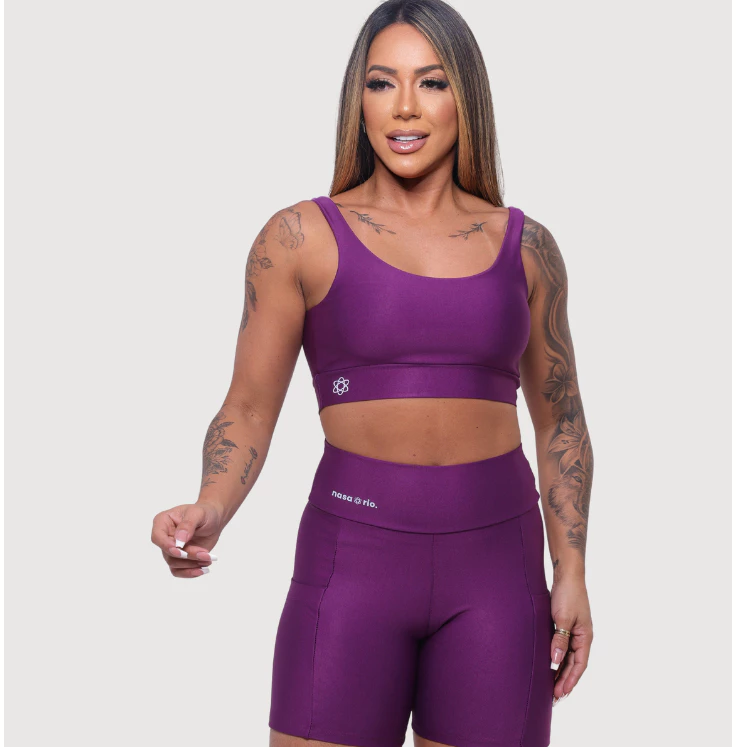 Conjunto Fitness Feminino Short com Bolso e Top Duplo Academia Treino Zero Transparência — imagem 1