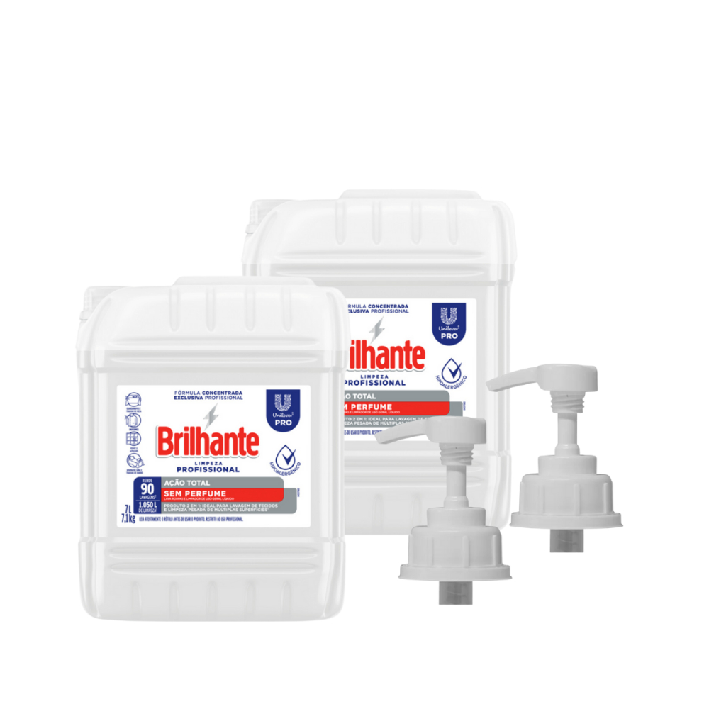Kit 02 Lava Roupas Líquido Ação Total Sem Perfume 7L Brilhante + 02 Válvulas Pump para Galão 5L/7L