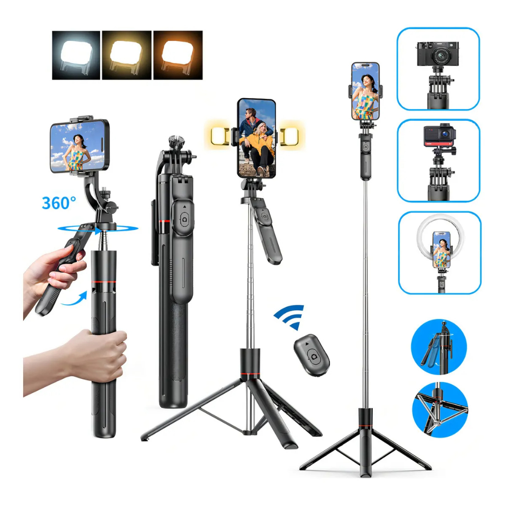 Selfie Stick Tripé 1.7M com Luz LED Dupla Ajustável, Bluetooth e Rotação 360° para Vlog