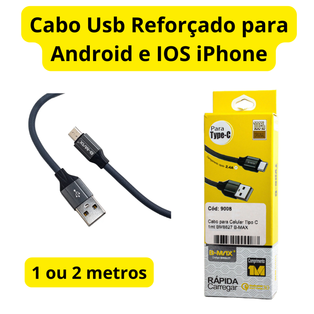 Cabo de Carregador Universal Tipo C / V8 / Lightning  Turbo Resistente